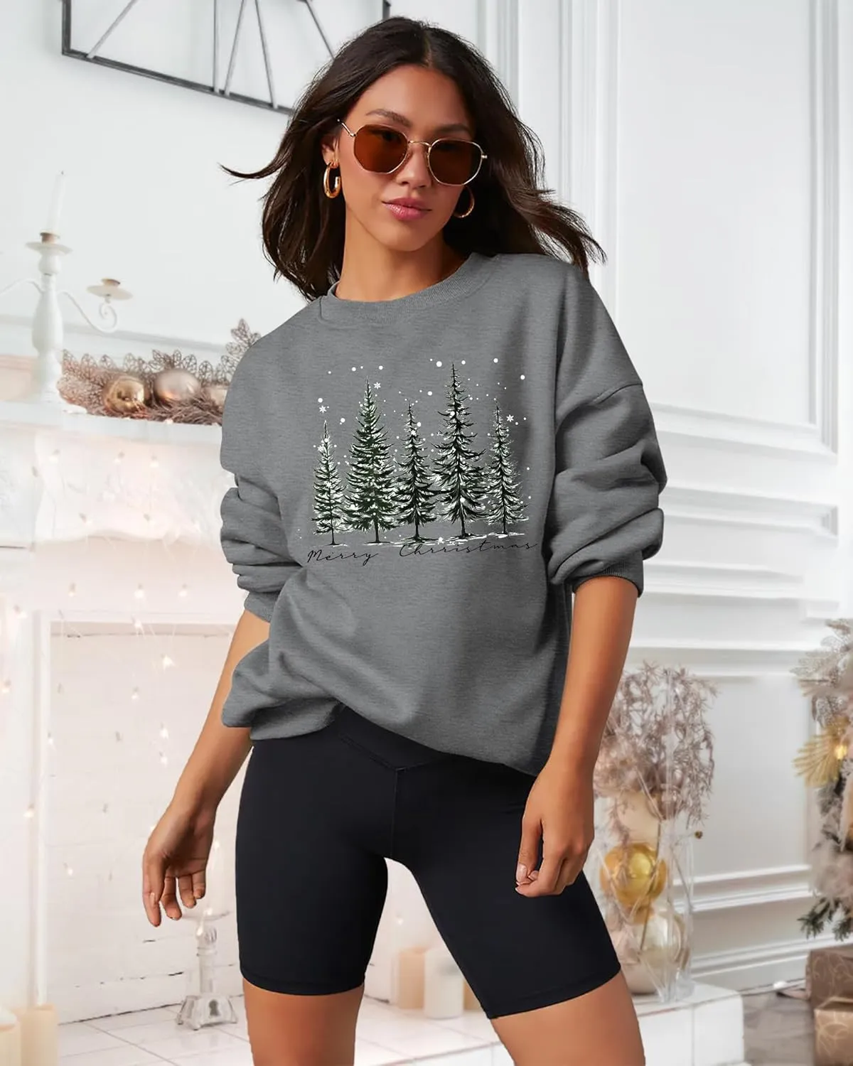 PECHAR Christmas Tree Sweatshirts Women Pine Tree Print Shirts Nature Lover Gift Casual Tee Long Sleeve Xmas Pullover