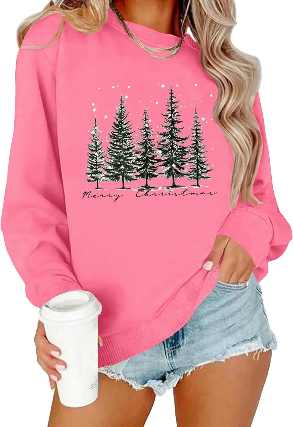PECHAR Christmas Tree Sweatshirts Women Pine Tree Print Shirts Nature Lover Gift Casual Tee Long Sleeve Xmas Pullover