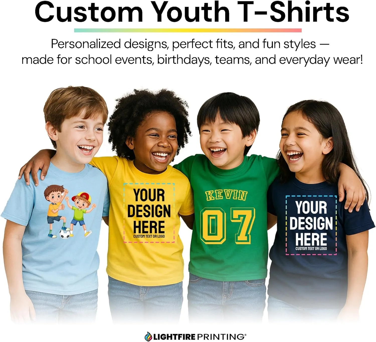 Personalized Kids T-Shirt Print with Text, Image or Logo - Custom DTF Printed Cotton Tees - Design Your Own Shirt for Kids