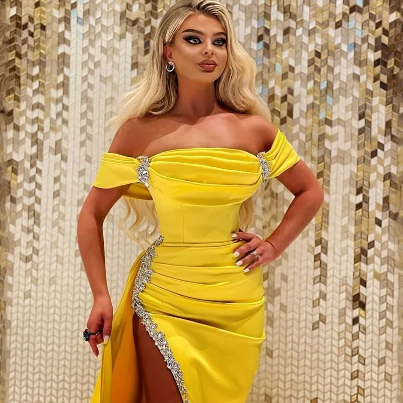 Sexy Prom Dresses Off Shoulder Beading High Split Evening Dress Saudi Arabia Mermaid Fashion 2022 Cocktail Party Gowns