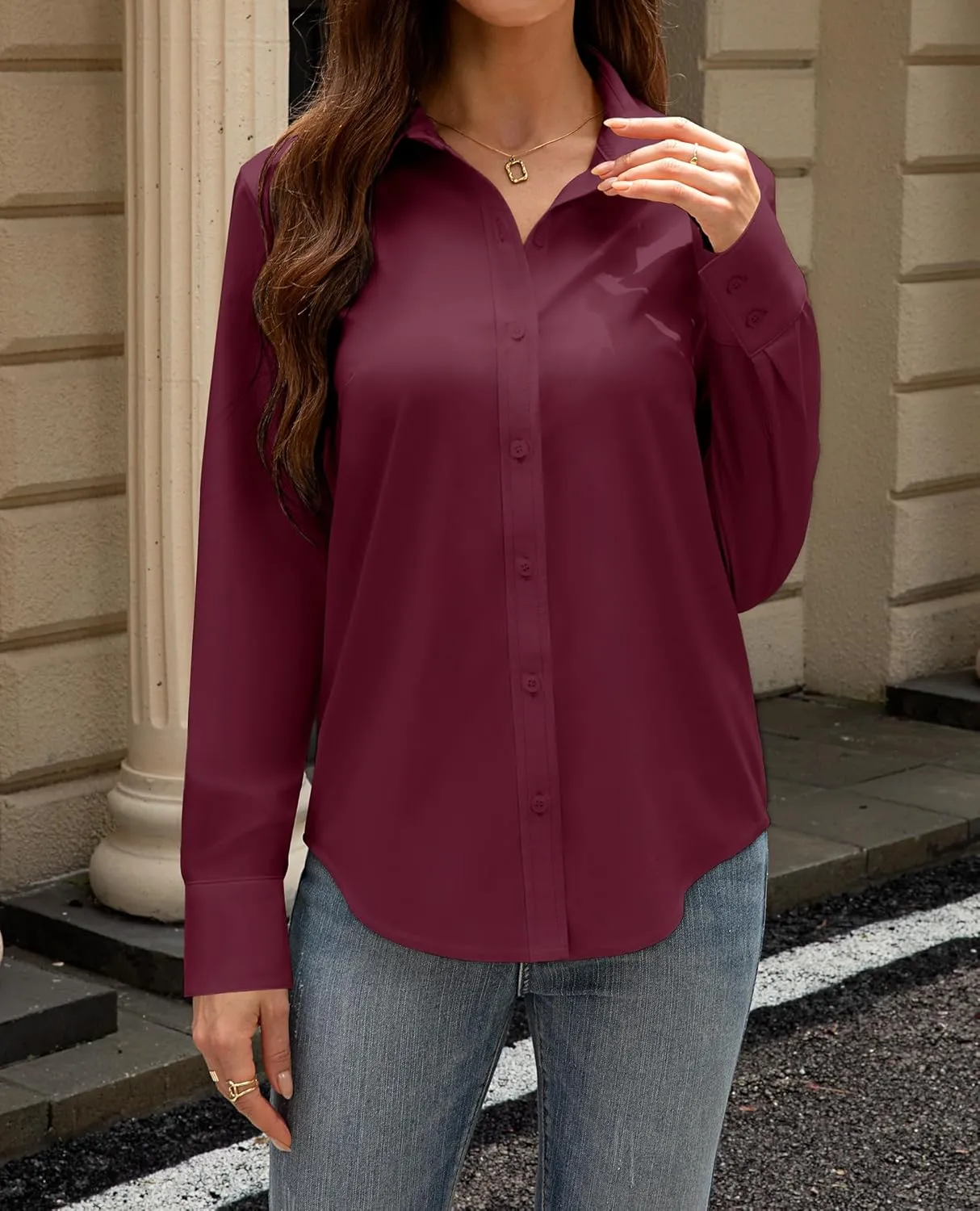 siliteelon Button Down Dress Shirts for Women Long Sleeve Wrinkle Free Shirts Solid Work Business Formal Button Up Shirt