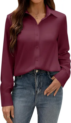 siliteelon Button Down Dress Shirts for Women Long Sleeve Wrinkle Free Shirts Solid Work Business Formal Button Up Shirt