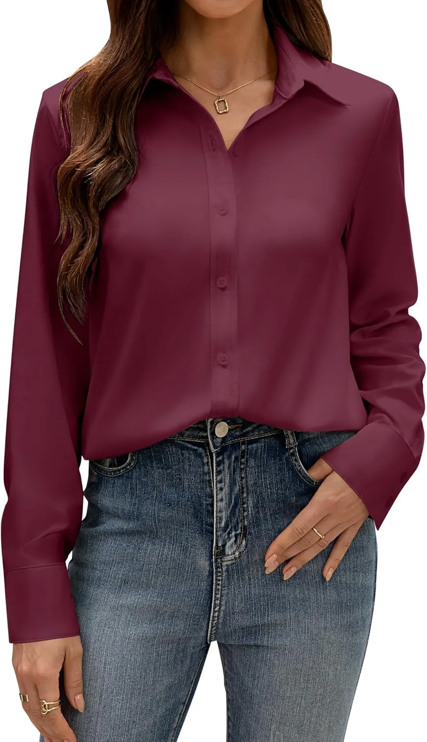 siliteelon Button Down Dress Shirts for Women Long Sleeve Wrinkle Free Shirts Solid Work Business Formal Button Up Shirt
