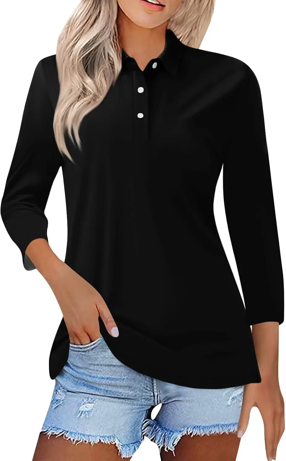 slqdgmryz Polo Shirts for Women 3/4 Sleeve Collared Work Business Casual Tops Funny Golf Button Three Quarter Length Blouses