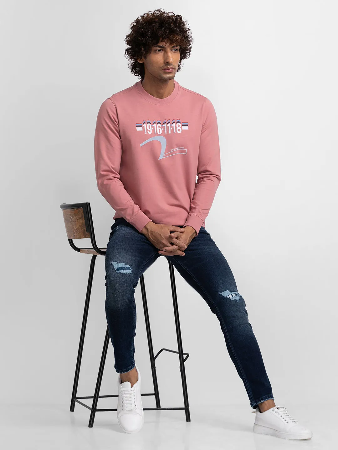Spykar Dusty Pink Cotton Full Sleeve Round Neck Sweatshirt For Men
