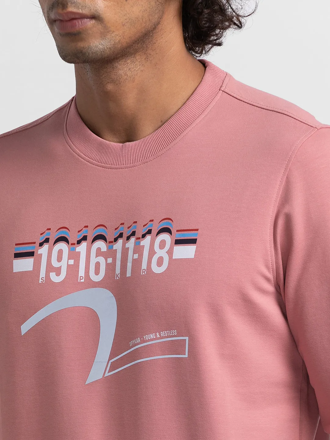 Spykar Dusty Pink Cotton Full Sleeve Round Neck Sweatshirt For Men