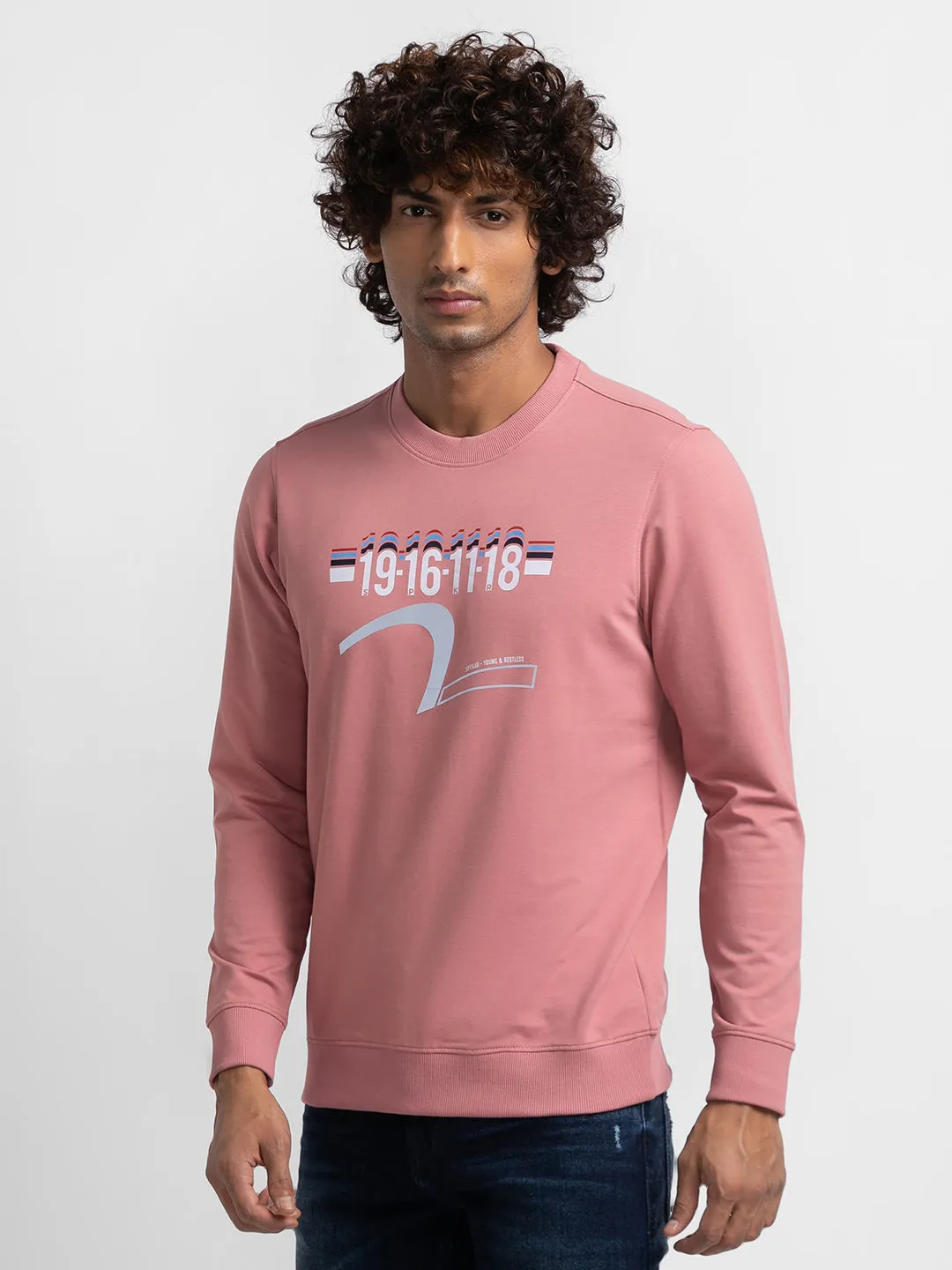 Spykar Dusty Pink Cotton Full Sleeve Round Neck Sweatshirt For Men