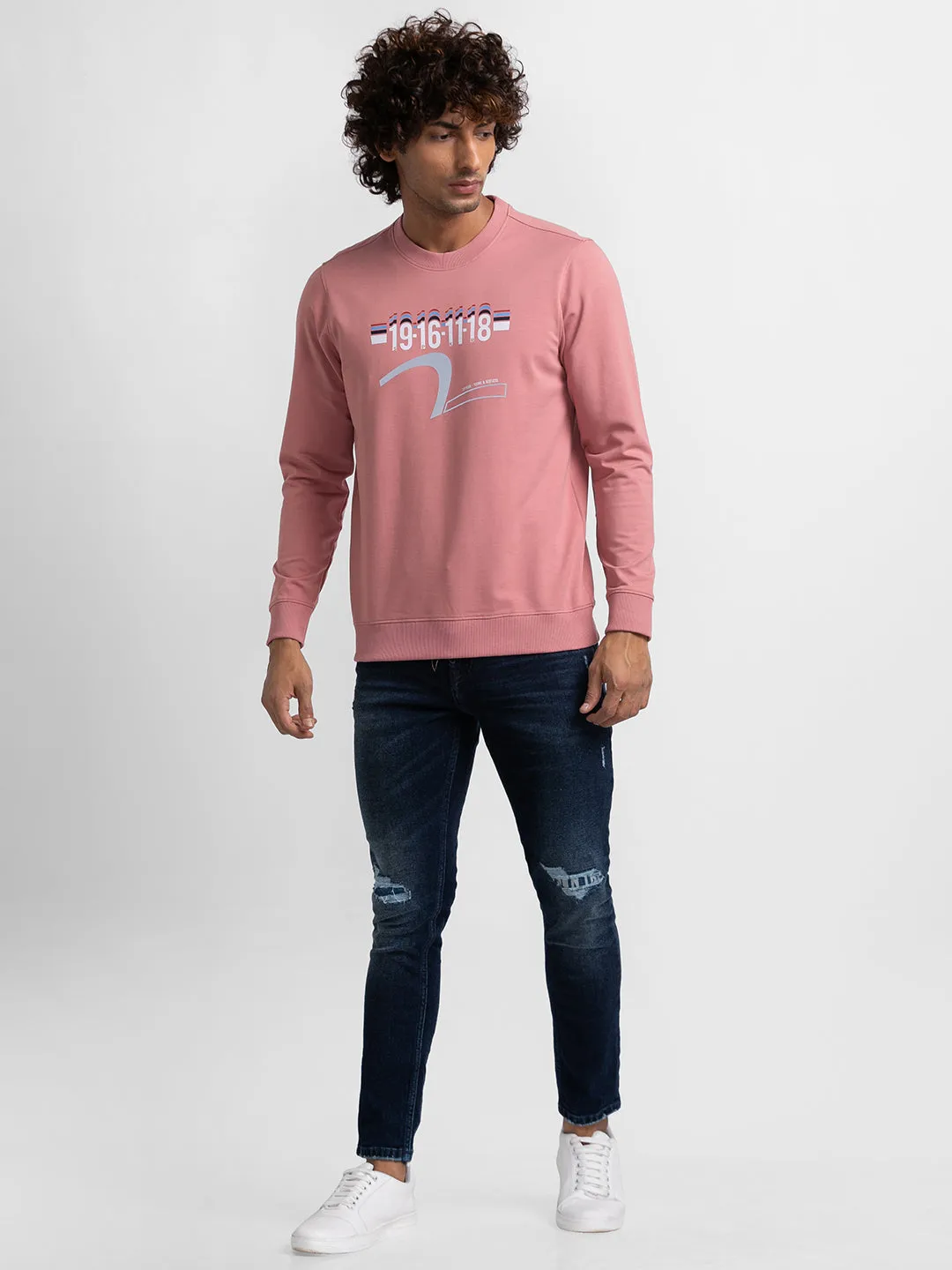 Spykar Dusty Pink Cotton Full Sleeve Round Neck Sweatshirt For Men