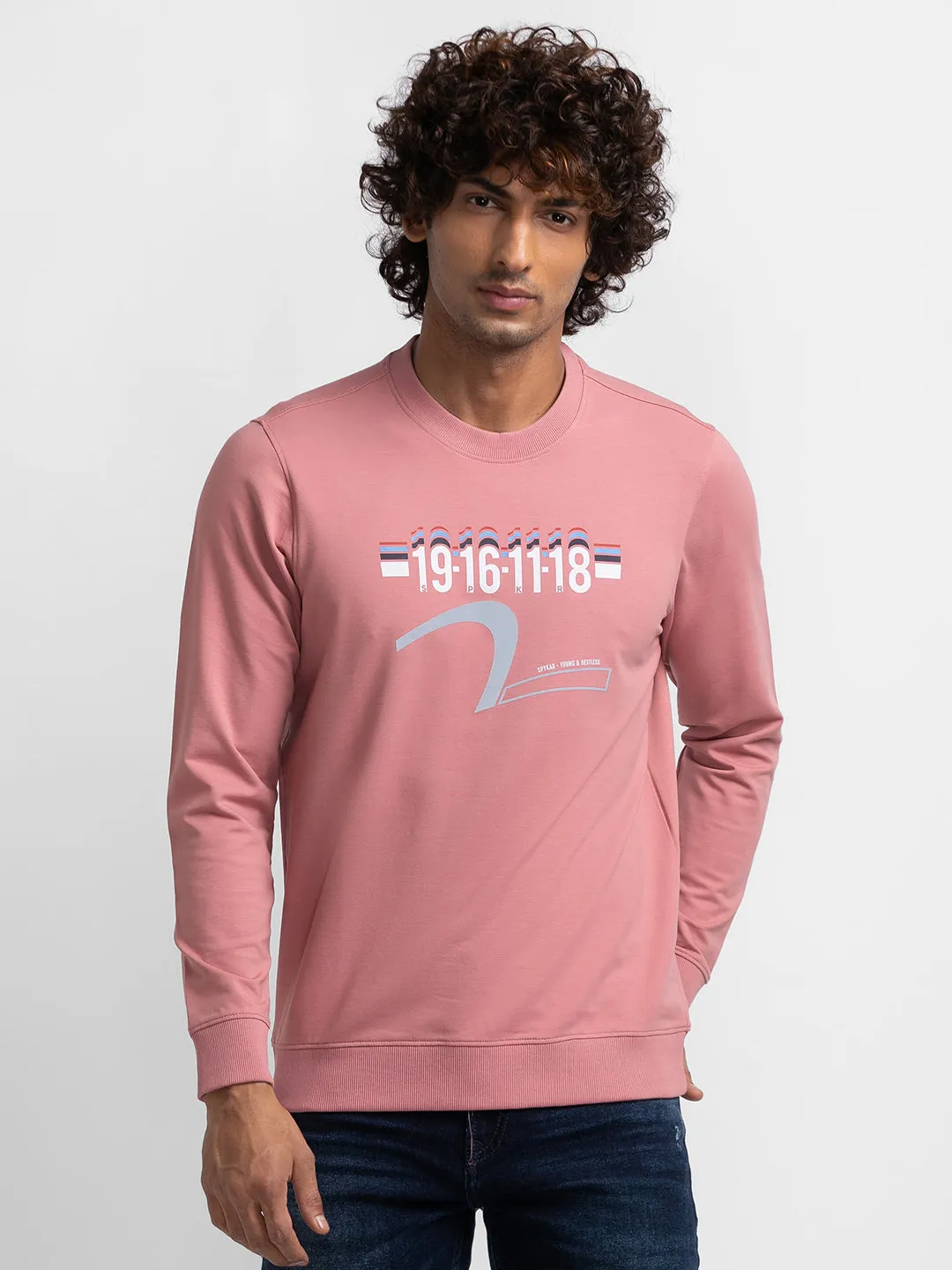 Spykar Dusty Pink Cotton Full Sleeve Round Neck Sweatshirt For Men