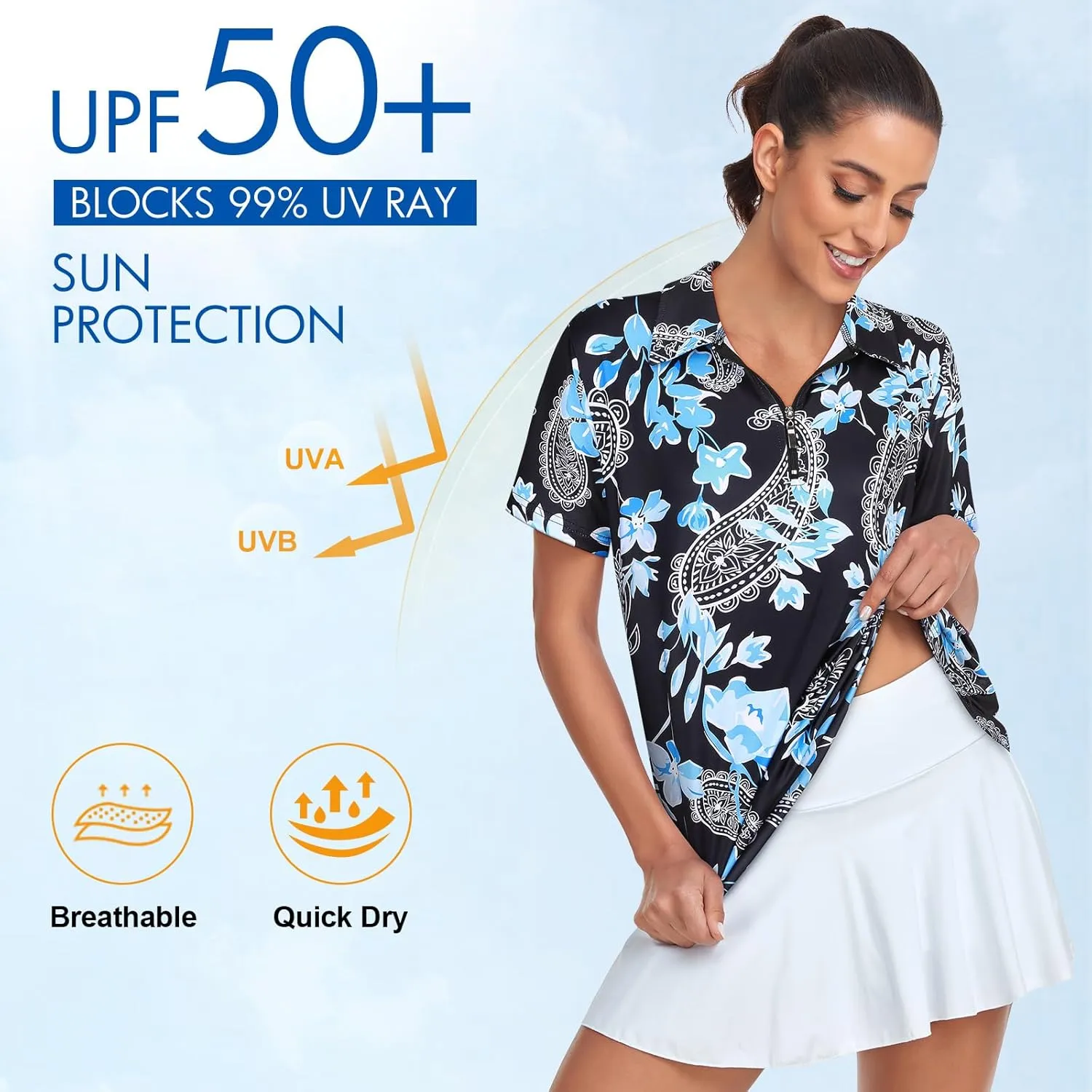 Tanst Sky Women's Golf Polo Shirts Short Sleeve Quarter Zip Pullover Moisture Wicking Workout Tops