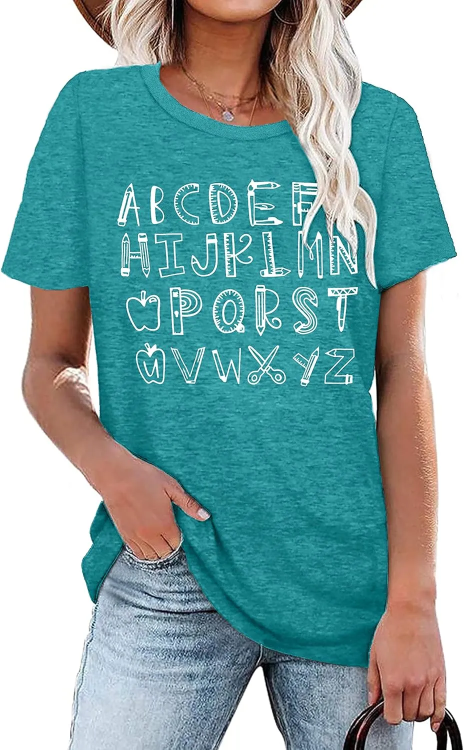 Teacher Shirt Women Alphabet Teaching Graphic Tee Tops Kindergarten Teachers Gift T-Shirts