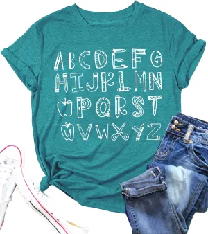 Teacher Shirt Women Alphabet Teaching Graphic Tee Tops Kindergarten Teachers Gift T-Shirts
