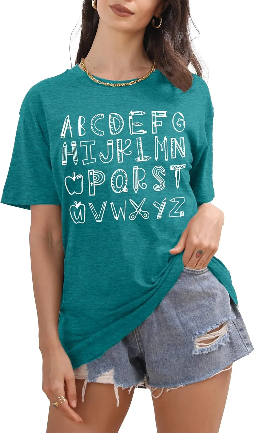 Teacher Shirt Women Alphabet Teaching Graphic Tee Tops Kindergarten Teachers Gift T-Shirts
