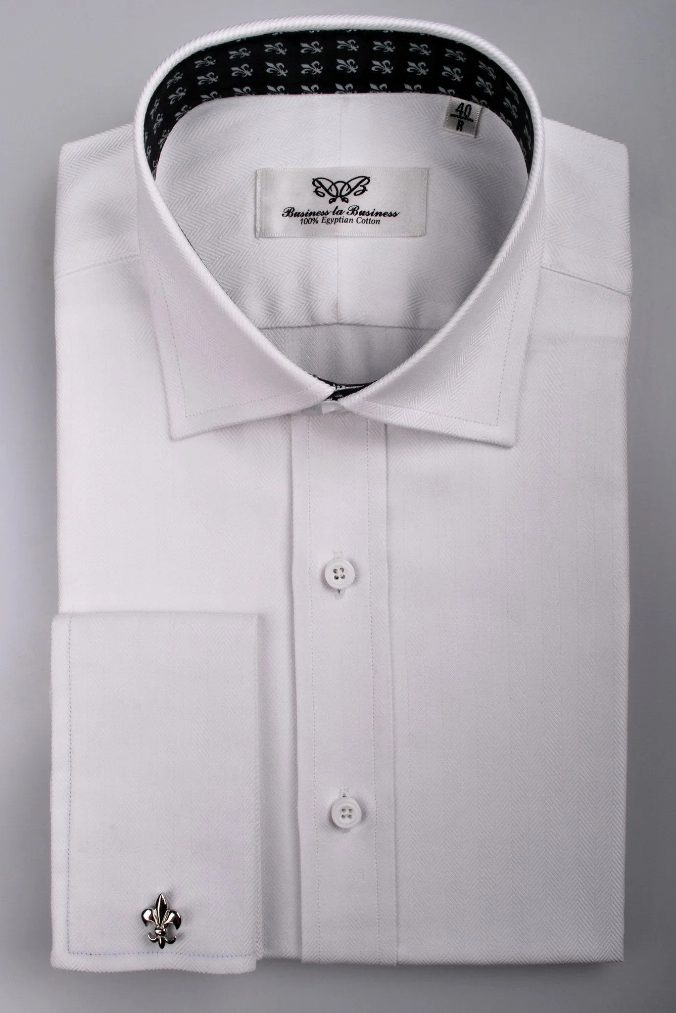 White Herringbone Twill Formal Business Dress Shirt Black Fleur-De-Lis Fashion