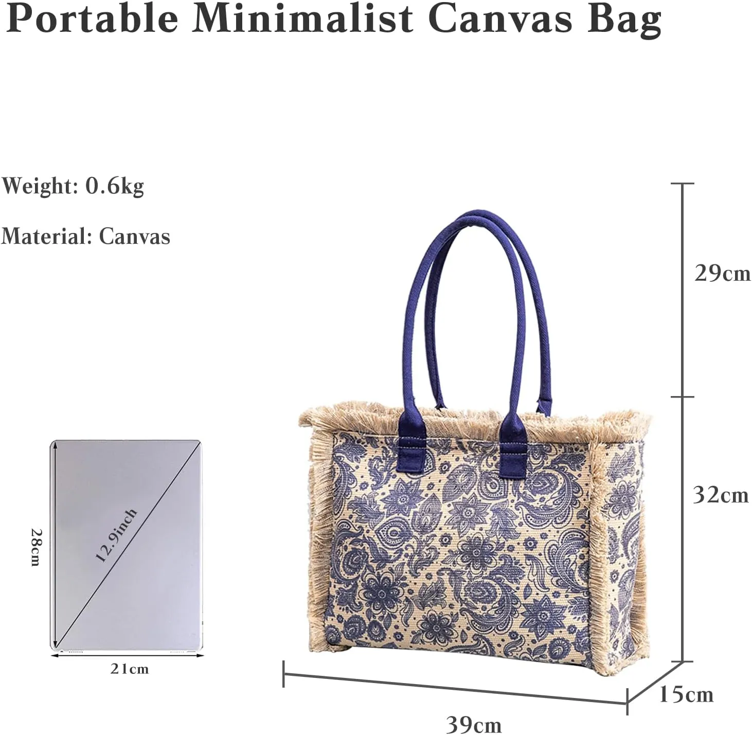 Women Canvas Handbag Ethnic Style Tote Bag Retro Shoulder Bag with Tassels Summer Beach Bag Bohemian Top Handle Bag