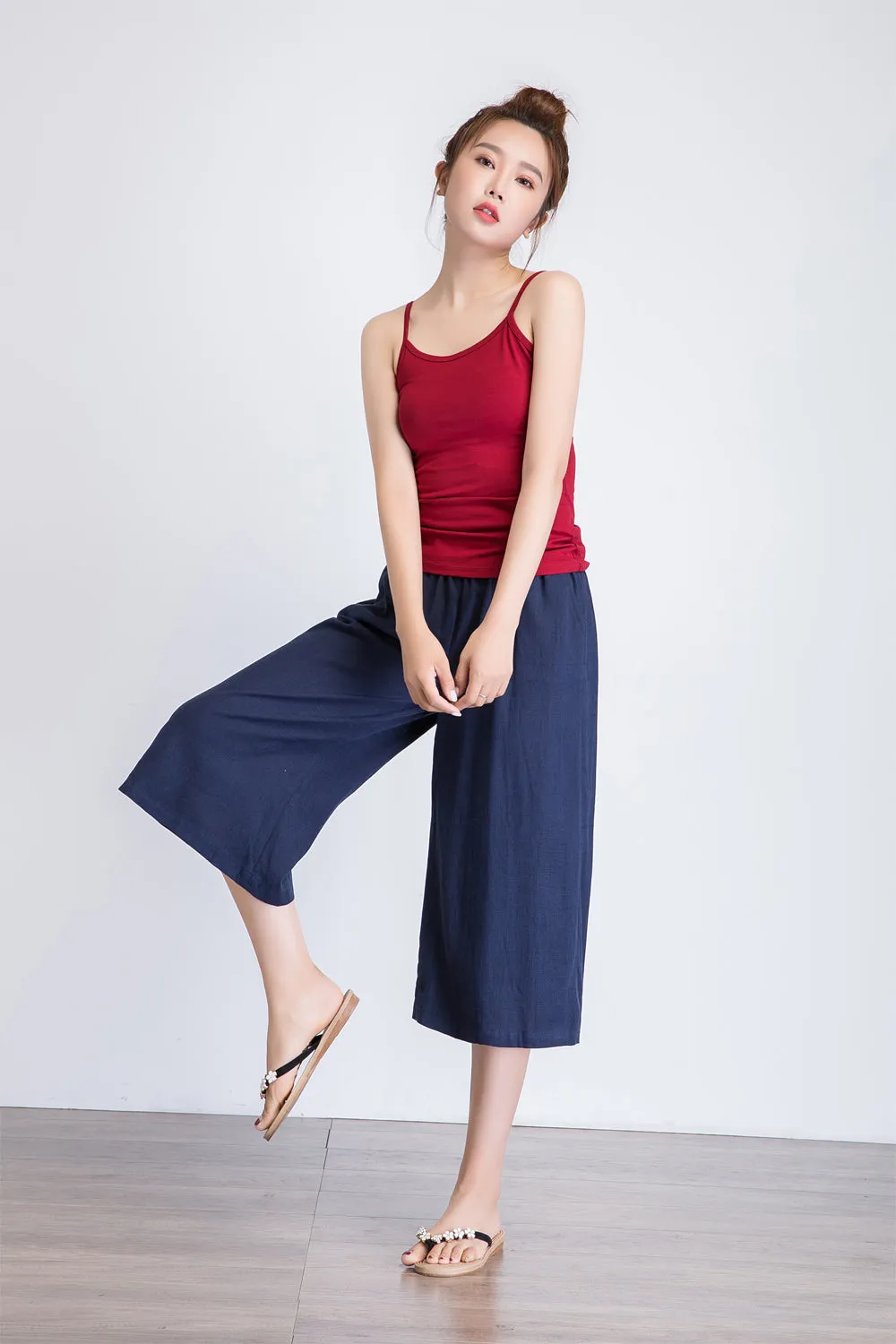 womens cropped wide leg linen pants with elastic waist band and on-seam pockets blue loose fitting plus size available 1936