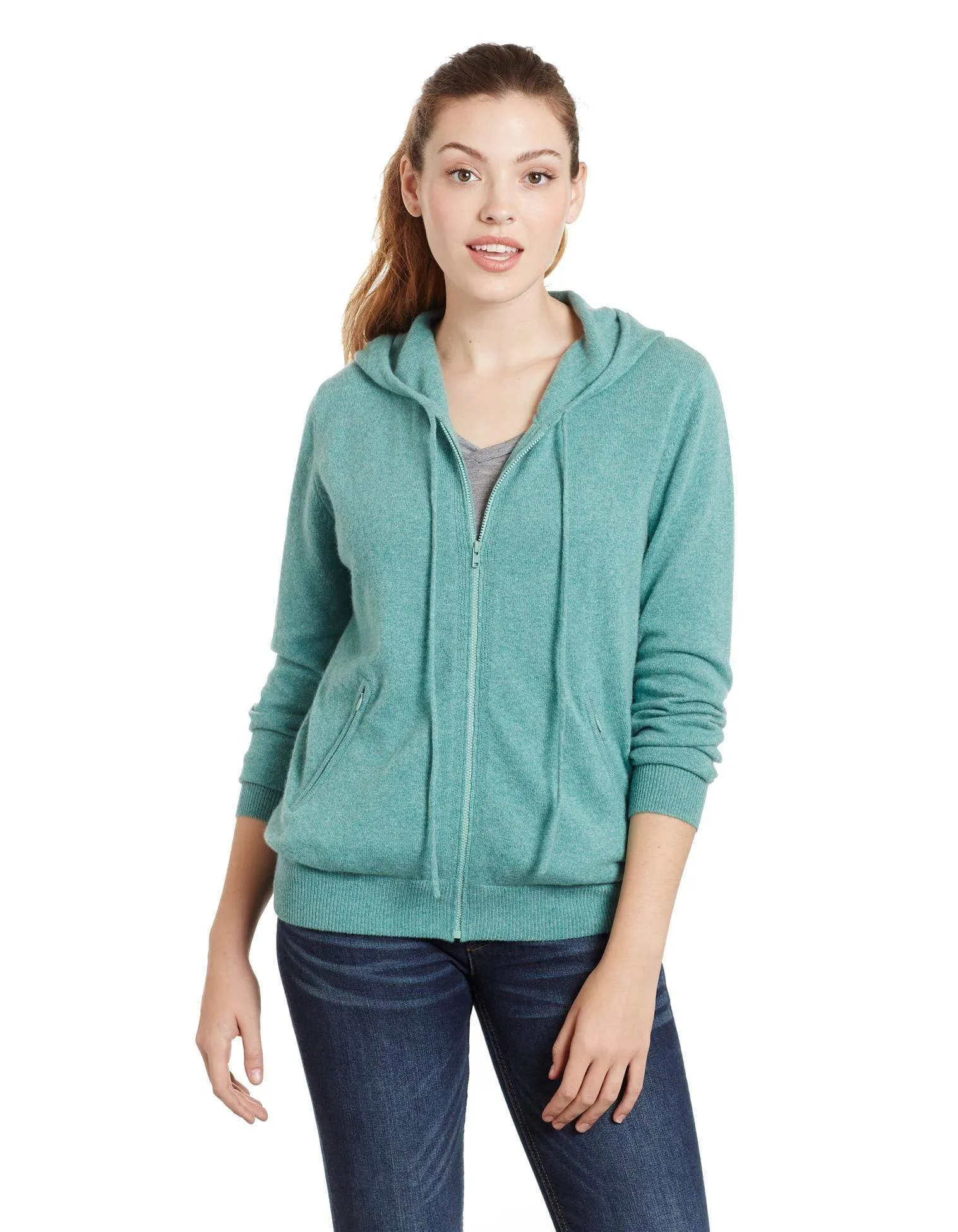 Women's Zip Up Cashmere Hoodie Drawstring Closure and Pockets