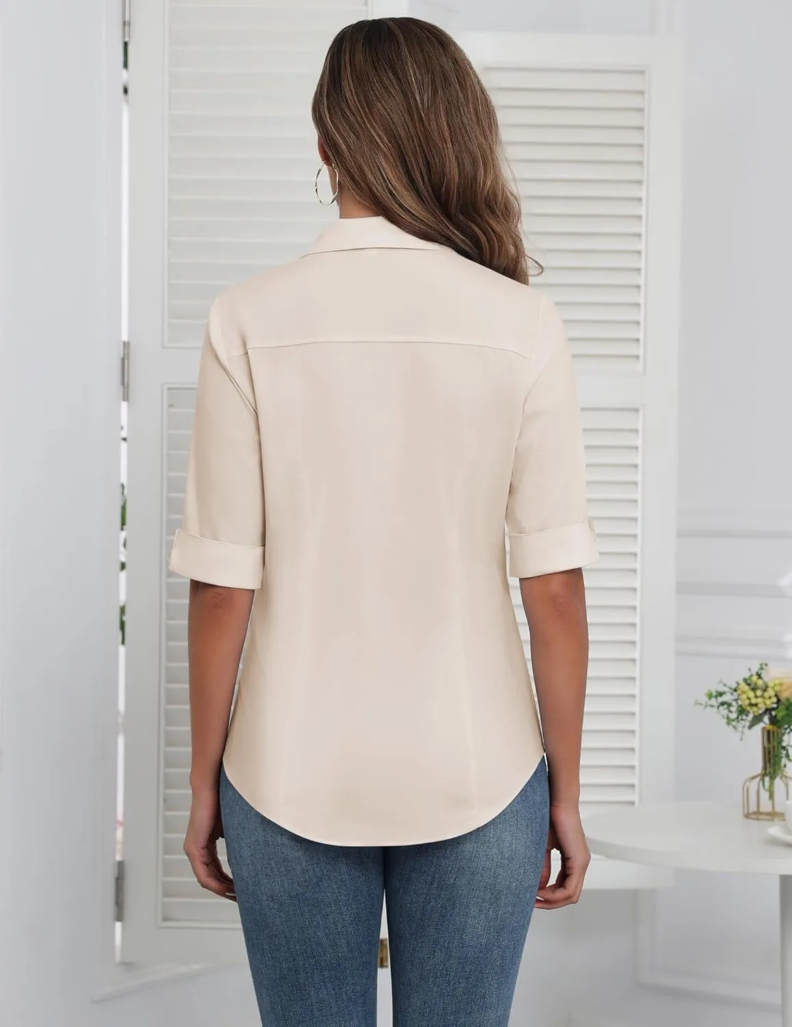 Zeagoo Womens Button Down Shirts 3/4 Sleeve Dress Blouses Business Casual Collared Oxford Tops