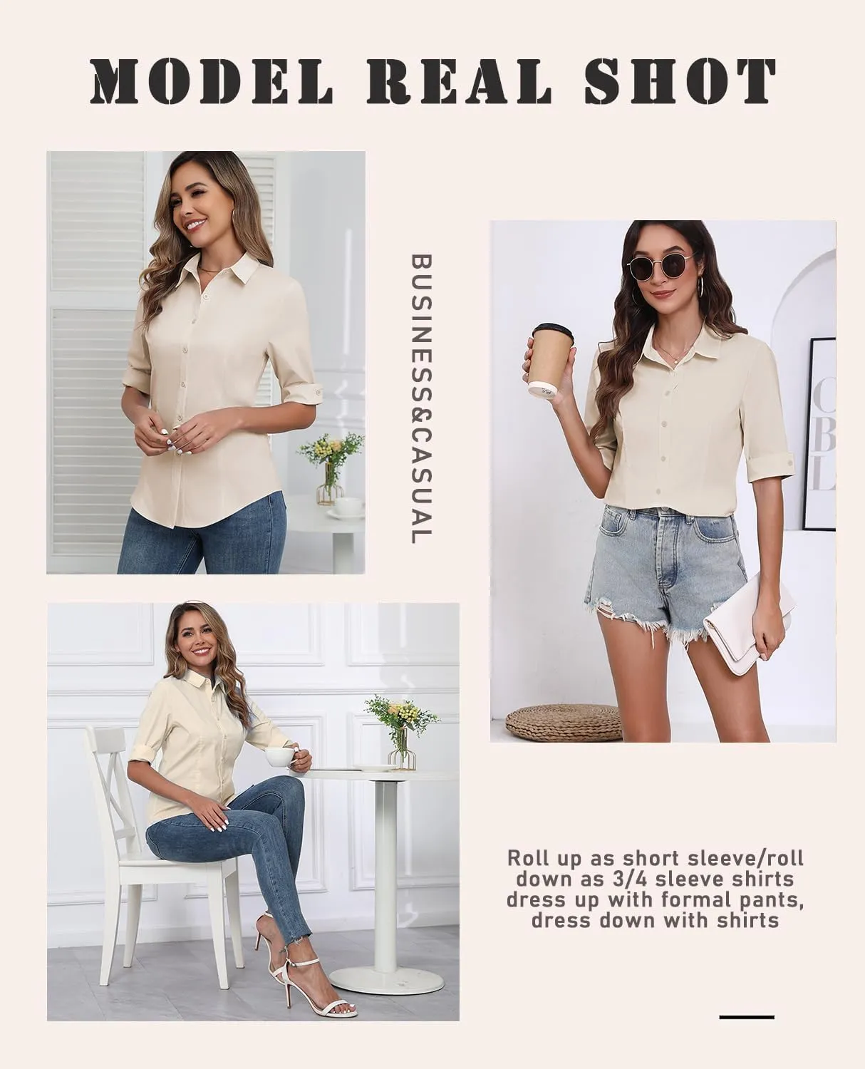 Zeagoo Womens Button Down Shirts 3/4 Sleeve Dress Blouses Business Casual Collared Oxford Tops